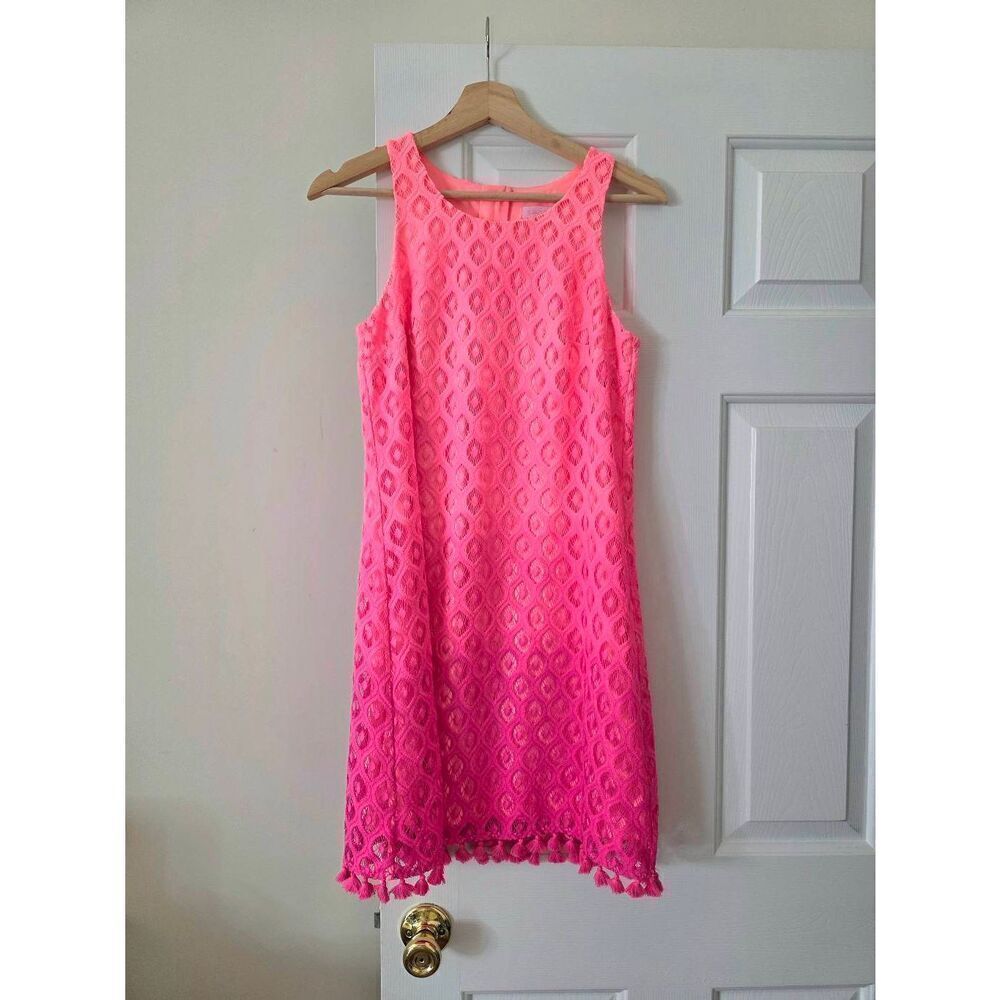 Lilly Pulitzer Marquette Shift dress Dragonfruit pink ombré lace-tassels S
